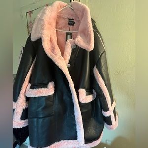 Boohoo pink faux fur & black faux leather coat